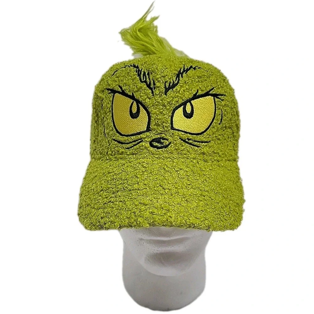 Dr Suess FUZZY The Grinch Hat Adjustable Cap Yellow Green Fuzzy NWT - Picture 1 of 8